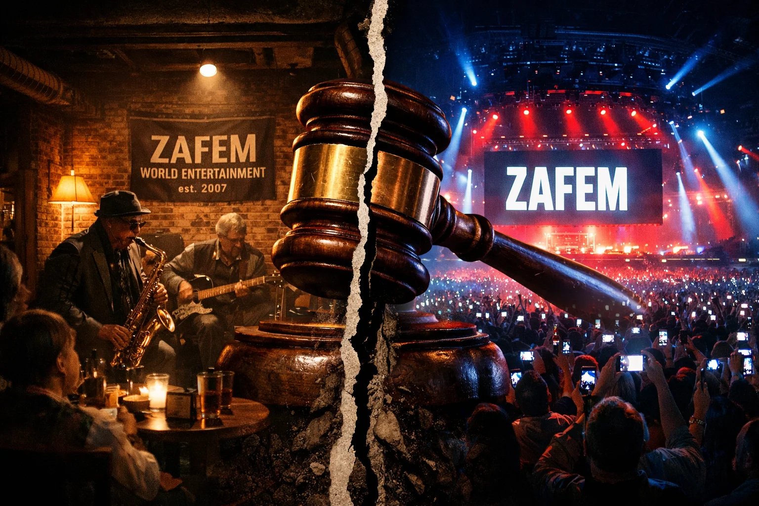 A striking, cinematic photograph split down the middle by a jagged legal gavel. On the left side, a dimly lit, intimate basement jazz club setting with older musicians and a small banner reading ZAFEM WORLD ENTERTAINMENT est. 2007
