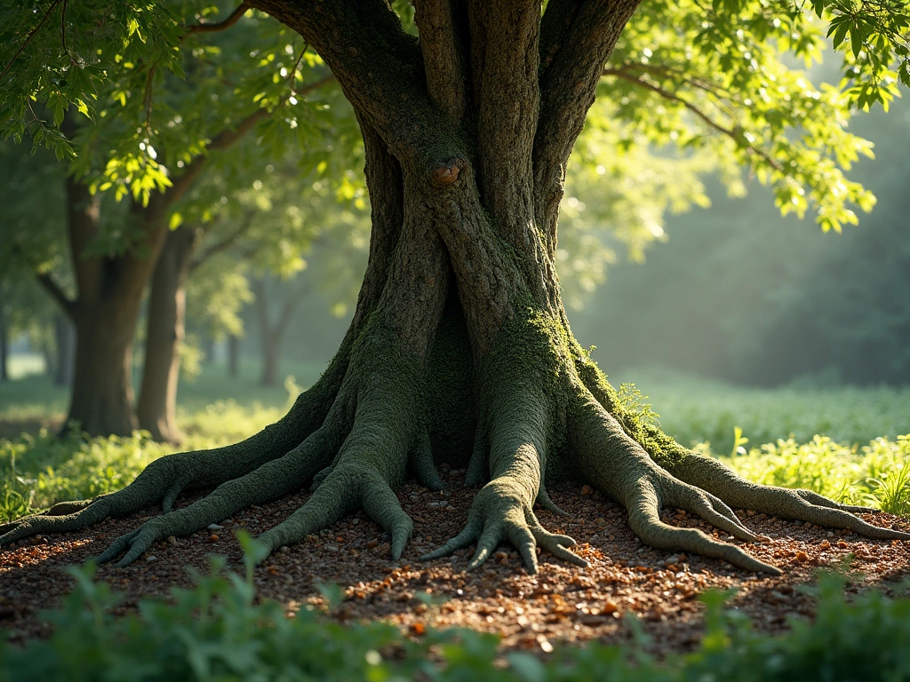Photorealistic depiction of two weathered, intertwined tree roots in a lush, green forest. The roots are gnarled and stron...