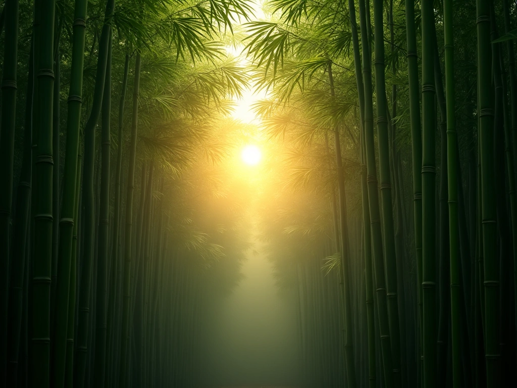 Photorealistic image of a dense bamboo forest at dawn, with shafts of sunlight piercing through the leaves. Focus on the t...