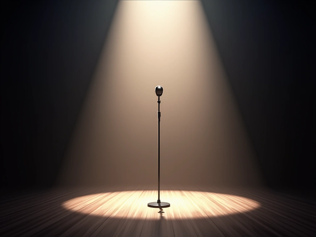 Photorealistic image of an empty concert stage bathed in soft, indirect light. A single microphone stand is center stage, ...