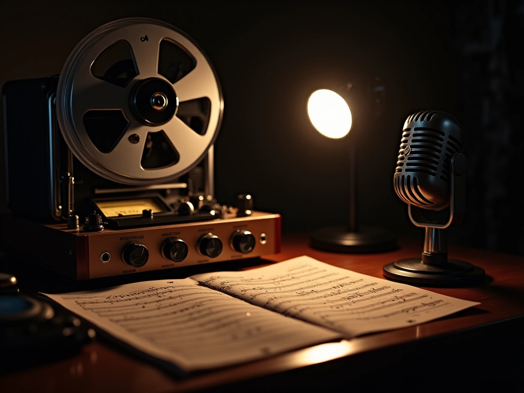 Photorealistic image of vintage recording equipment in a dimly lit studio, showcasing a reel-to-reel tape recorder, a clas...