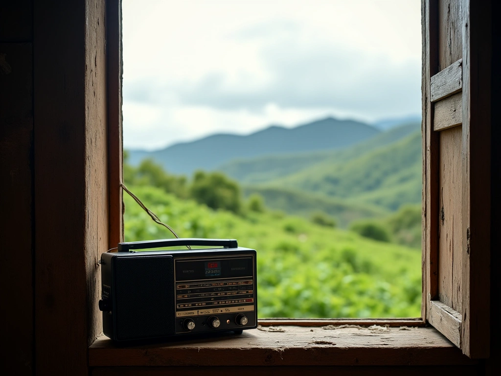 Photorealistic image of a weathered AM radio sitting on a windowsill in a rustic Haitian home. Outside, a lush, green land...