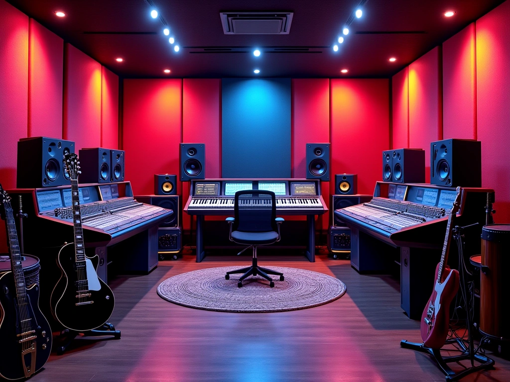 Photorealistic image of a vibrant music studio in Miami. Focus on the mixing boards, instruments (guitars, keyboards, drum...