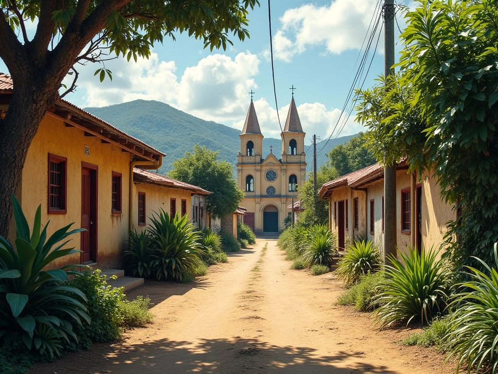 Photorealistic image of a quiet, culturally rich town in Haiti, with a small church in the background, lush green vegetati...