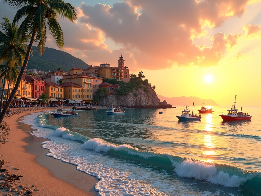Photorealistic image of a tranquil coastal town at sunset. Fishing boats are gently bobbing in the harbor. Palm trees sway...