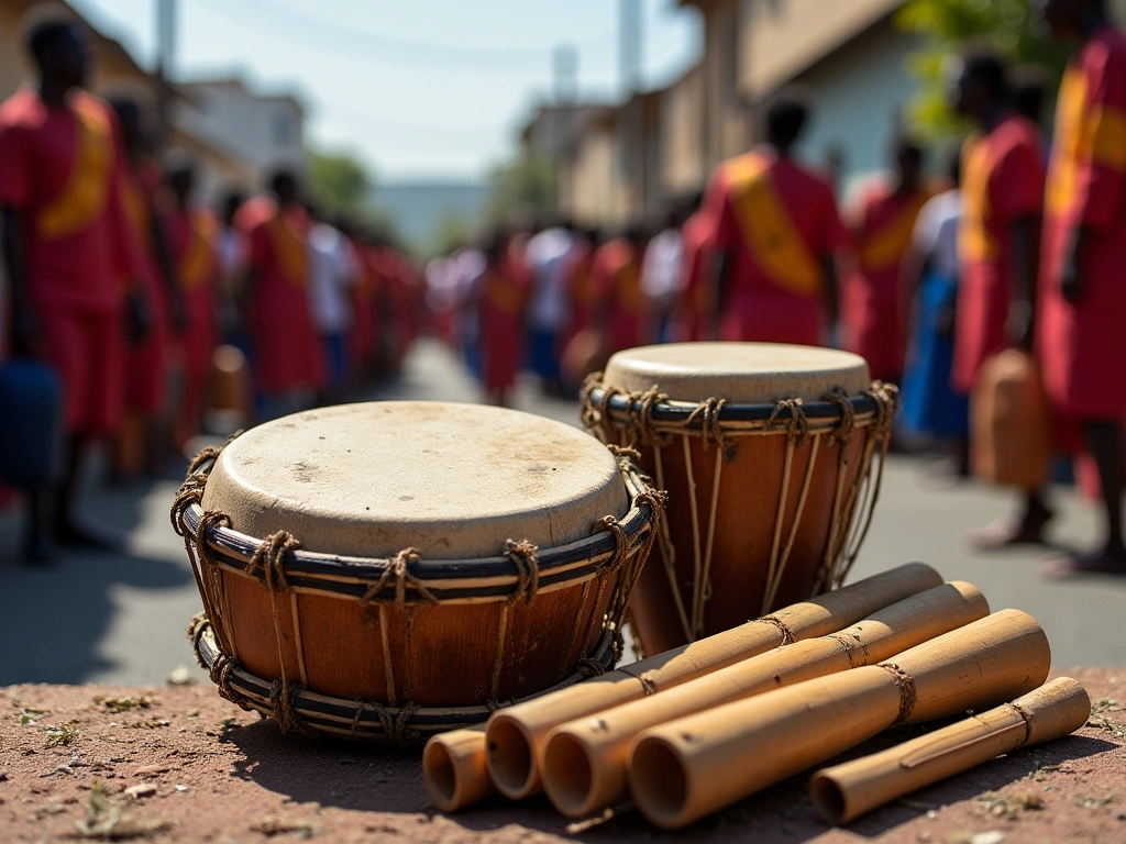 Photorealistic image of traditional Haitian percussion instruments. A weathered tanbou drum sits beside a woven tchatcha s...