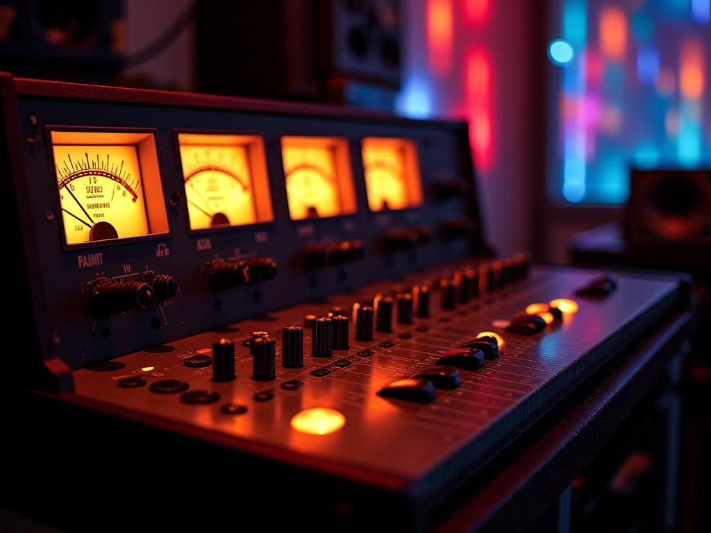 Photorealistic image of a dimly lit recording studio, vintage analog mixing board with glowing VU meters, sound waves visu...