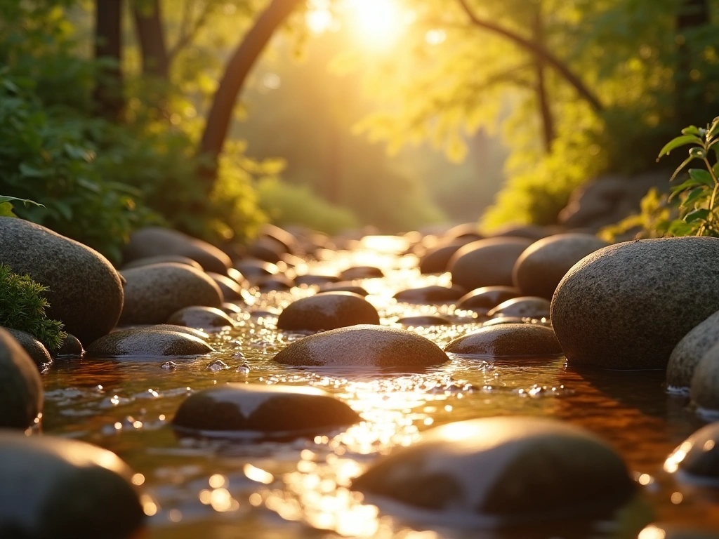 Photorealistic image of a stream of honey slowly pouring over smooth river stones in a sun-drenched forest glade, dappled ...