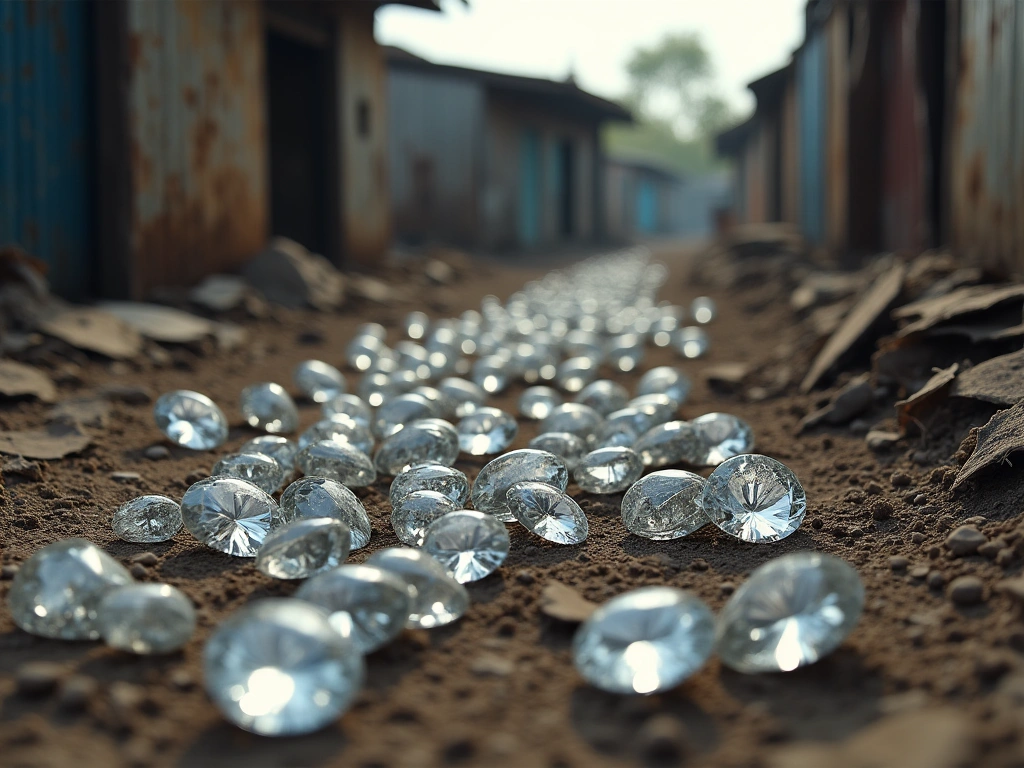 A photorealistic depiction of rough, uncut diamonds scattered amongst worn and weathered corrugated metal sheets and debri...