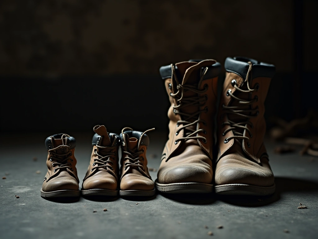 A photorealistic image of small, worn-out shoes next to a pair of adult-sized, tattered work boots in a dimly lit, impover...