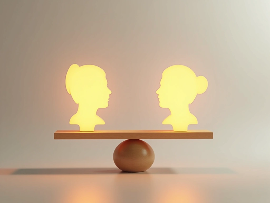 Photorealistic image of a balanced scale, with two abstract shapes representing 'ego' on each side. One shape is tradition...