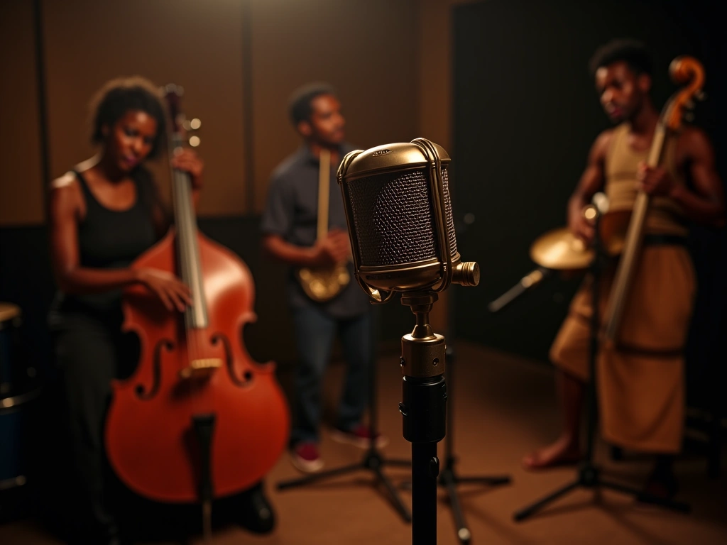 Photorealistic image of a dimly lit music studio with a vintage microphone in the foreground, surrounded by traditional Ha...