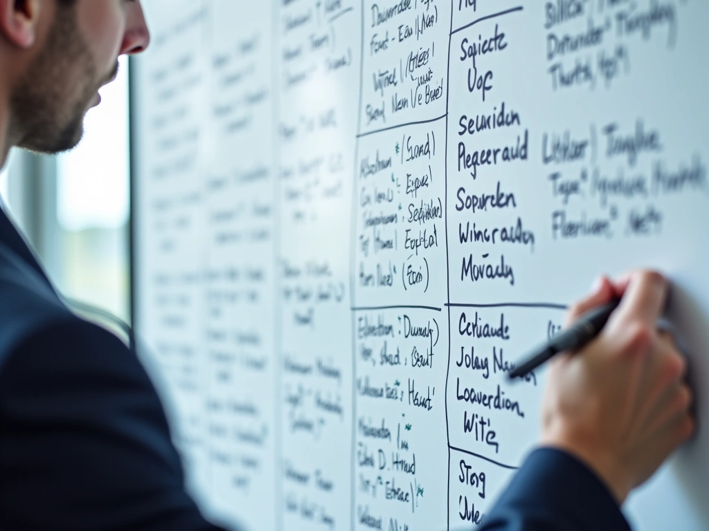 Photorealistic close-up of a well-organized tour schedule on a large whiteboard, filled with handwritten notes, dates, and...