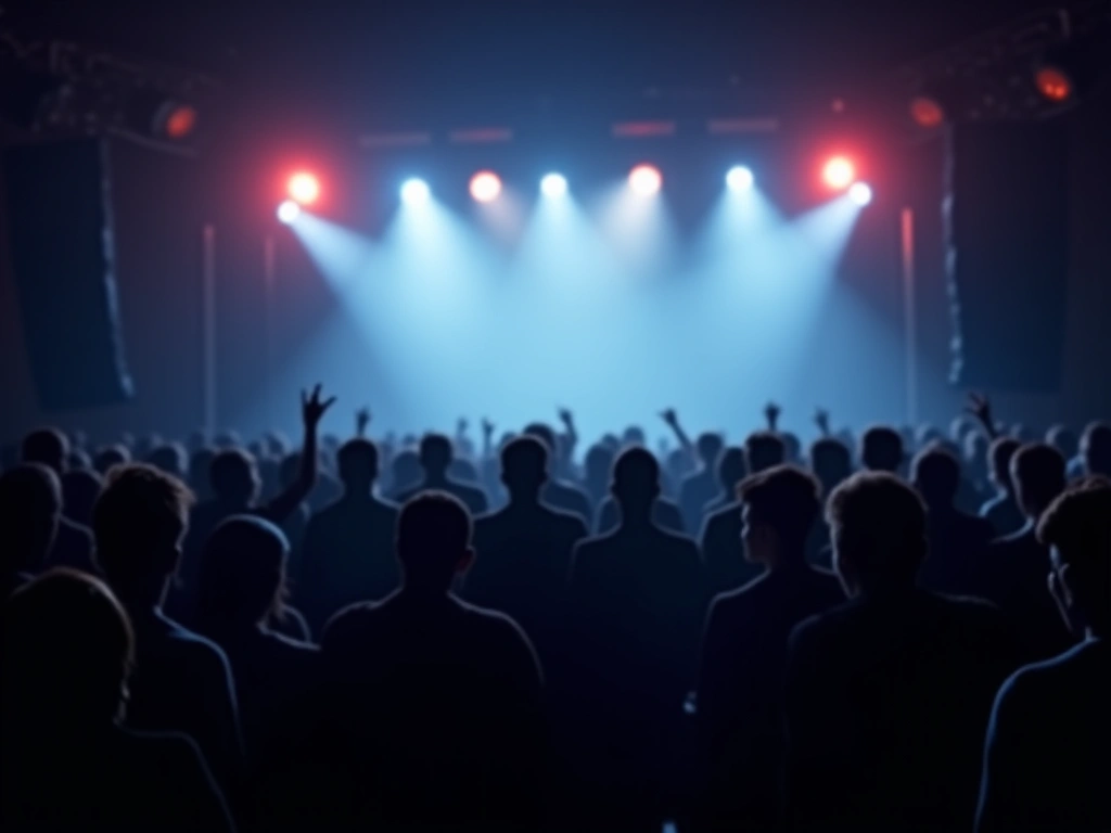 Photorealistic image of a dimly lit concert stage viewed from the back, looking out towards a large crowd of silhouetted f...