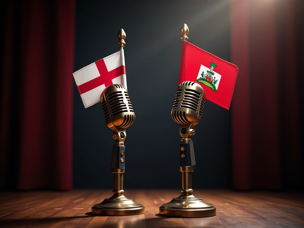 Photorealistic image of two vintage microphones, one with an English flag on the stand and the other with a Haitian flag, ...
