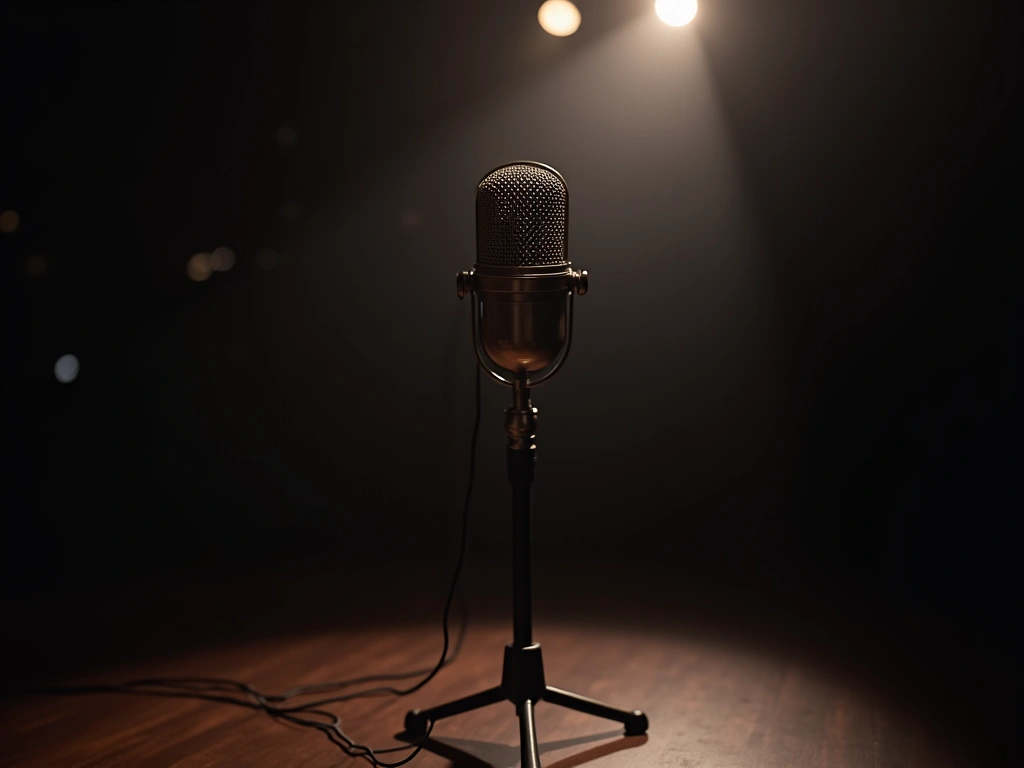 A vintage microphone on a dimly lit stage, surrounded by shadows. The microphone stand is slightly tilted, and a single sp...