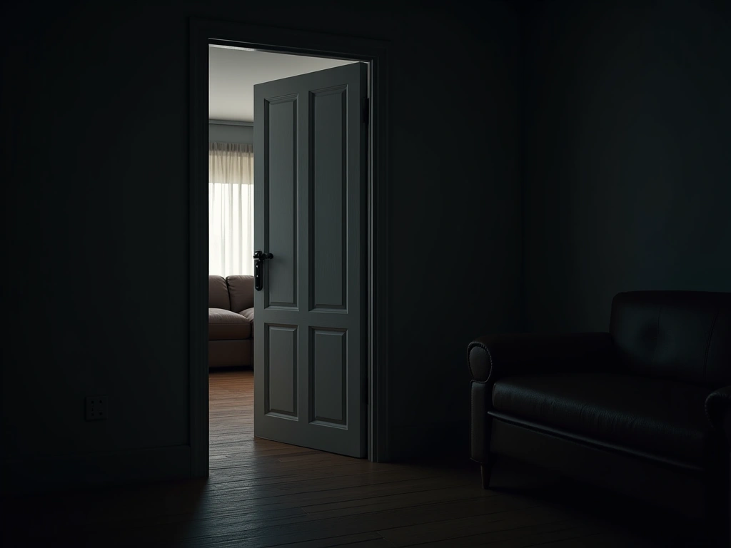 Photorealistic image of a partially open door, revealing a dimly lit living room. Focus on the contrast between the bright...