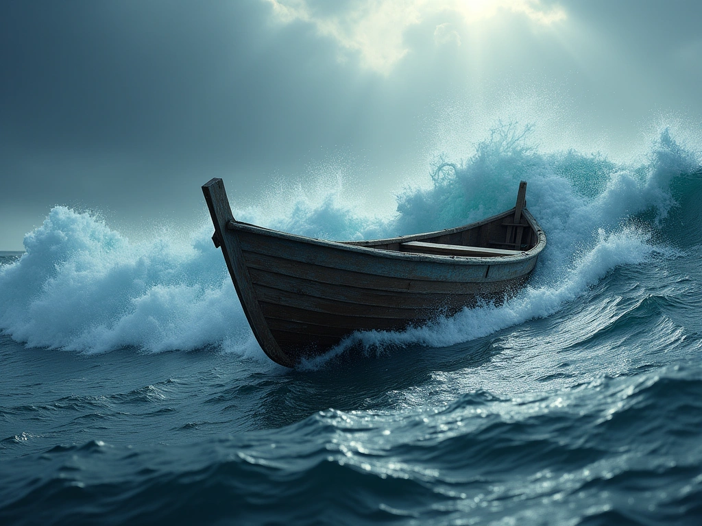 Photorealistic image of a weathered wooden boat battling a stormy ocean. The boat is small, but its silhouette is strong a...
