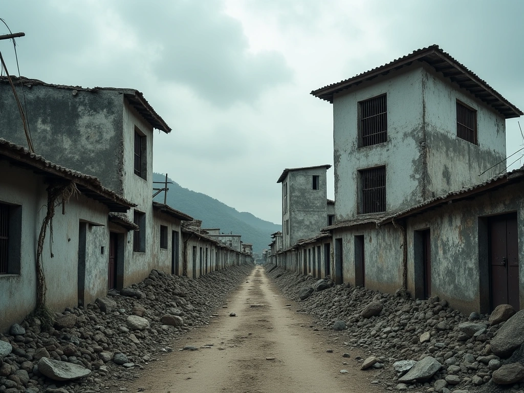 A gritty, high-contrast photograph capturing the stark reality of an impoverished urban landscape in Haiti. Crumbling conc...