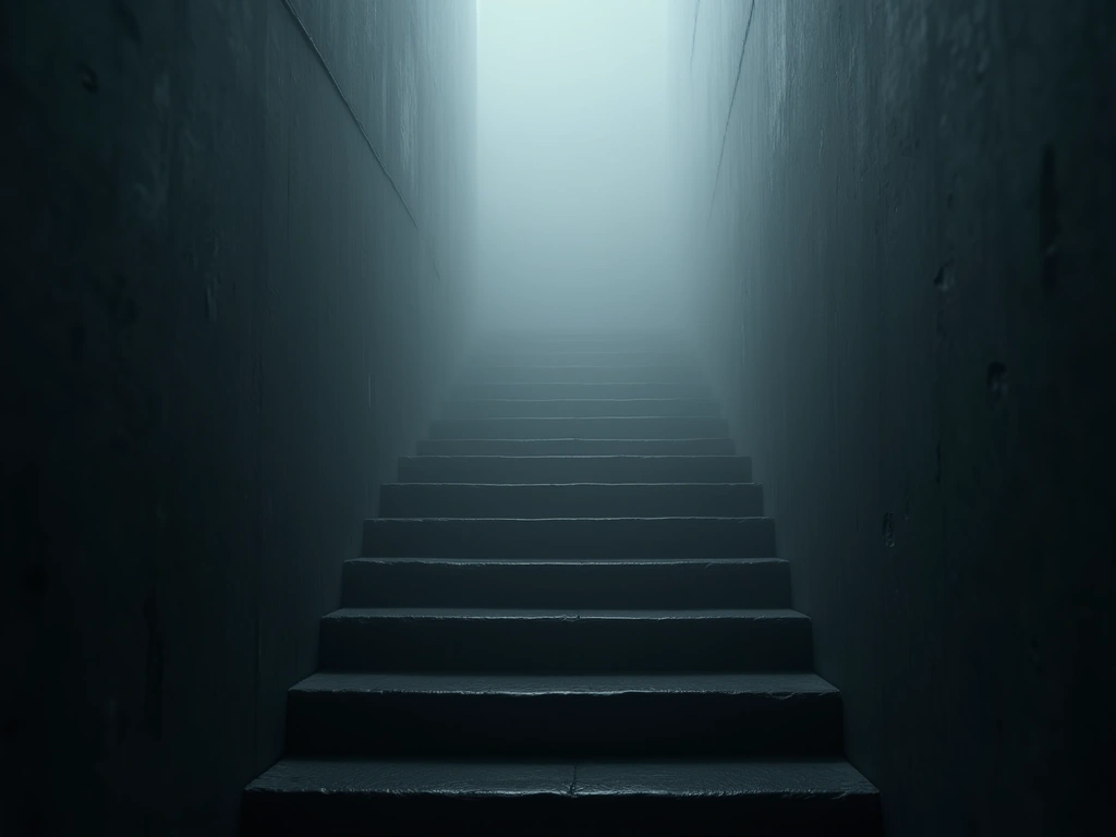 Photorealistic image of a dark, winding staircase disappearing into fog, representing a dreamlike state. The focus is on t...
