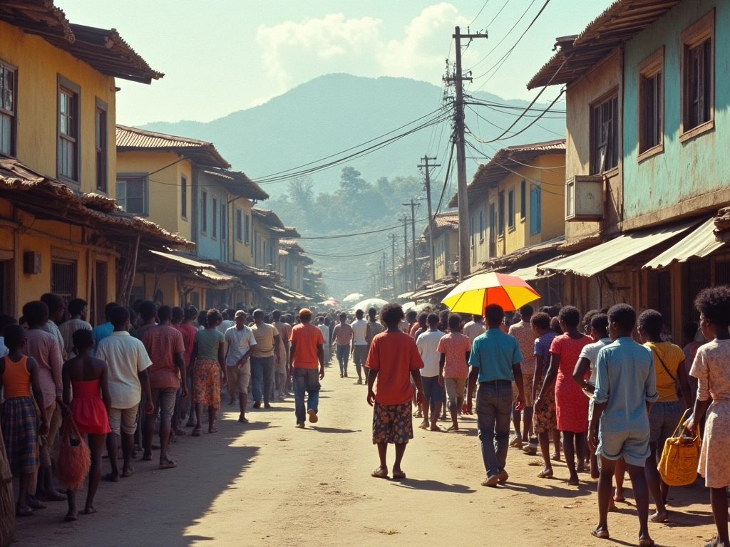 Photorealistic image of a bustling street scene in Carrefour, Haiti during the 1980s. Focus on the vibrant community life,...