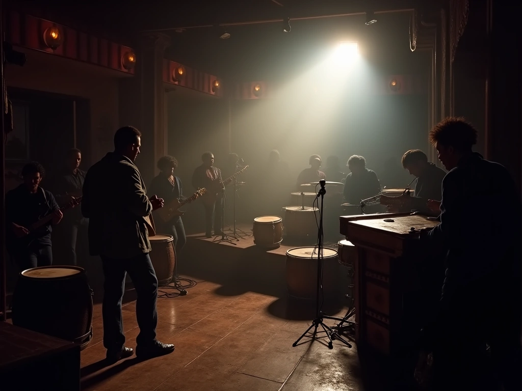 Photorealistic image of a dimly lit, smoky music venue in Haiti during the early 1990s. Instruments such as drums, guitars...