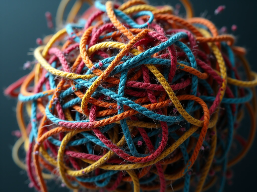 A tangled web of colorful threads and ropes, knotted and intertwined, representing a messy and overwhelming situation. The...