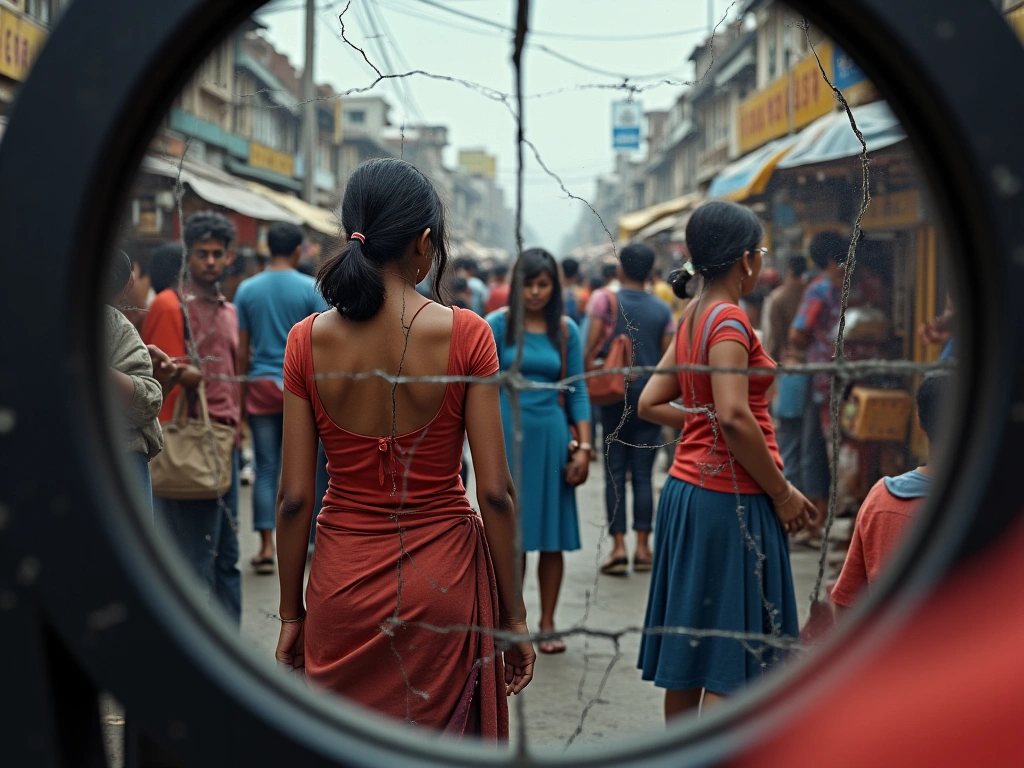 A cracked mirror reflecting a distorted image of a vibrant, bustling marketplace. The reflection is fragmented, showing gl...