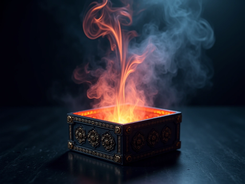An antique, ornate box sits open on a dark, reflective surface. Wisps of colorful smoke gently curl upwards from within th...