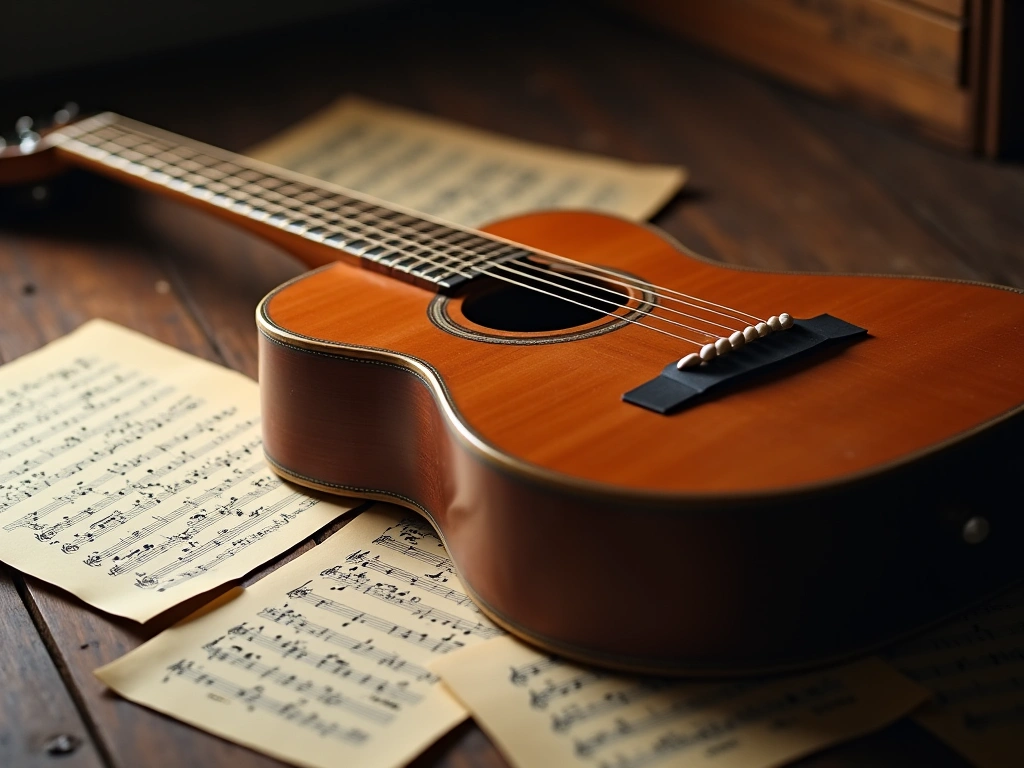 Close-up shot of a vintage acoustic guitar resting on a worn wooden table. The lighting is soft and warm, highlighting the...