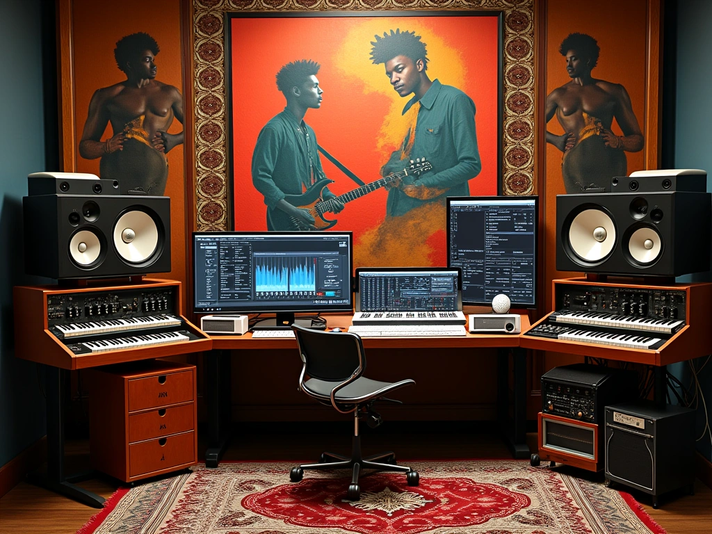 Photorealistic studio shot of vintage music equipment alongside modern digital audio workstations, intertwined with Haitia...