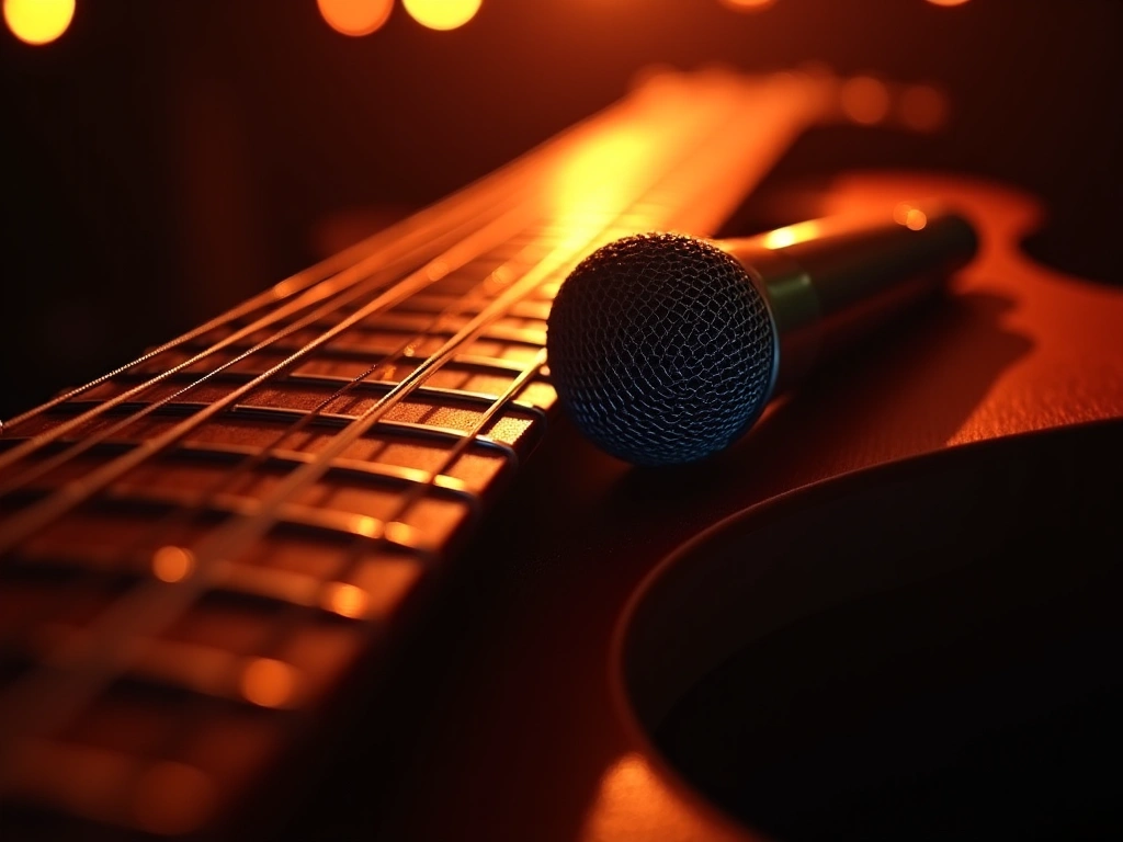 Close-up, photorealistic textures of intertwined guitar strings and a vibrant microphone, bathed in warm stage lighting, s...