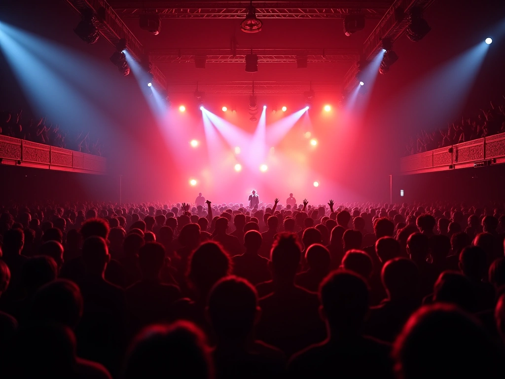 Photorealistic image of the Melrose Ballroom interior, densely packed with people, vibrant lighting illuminating the crowd...
