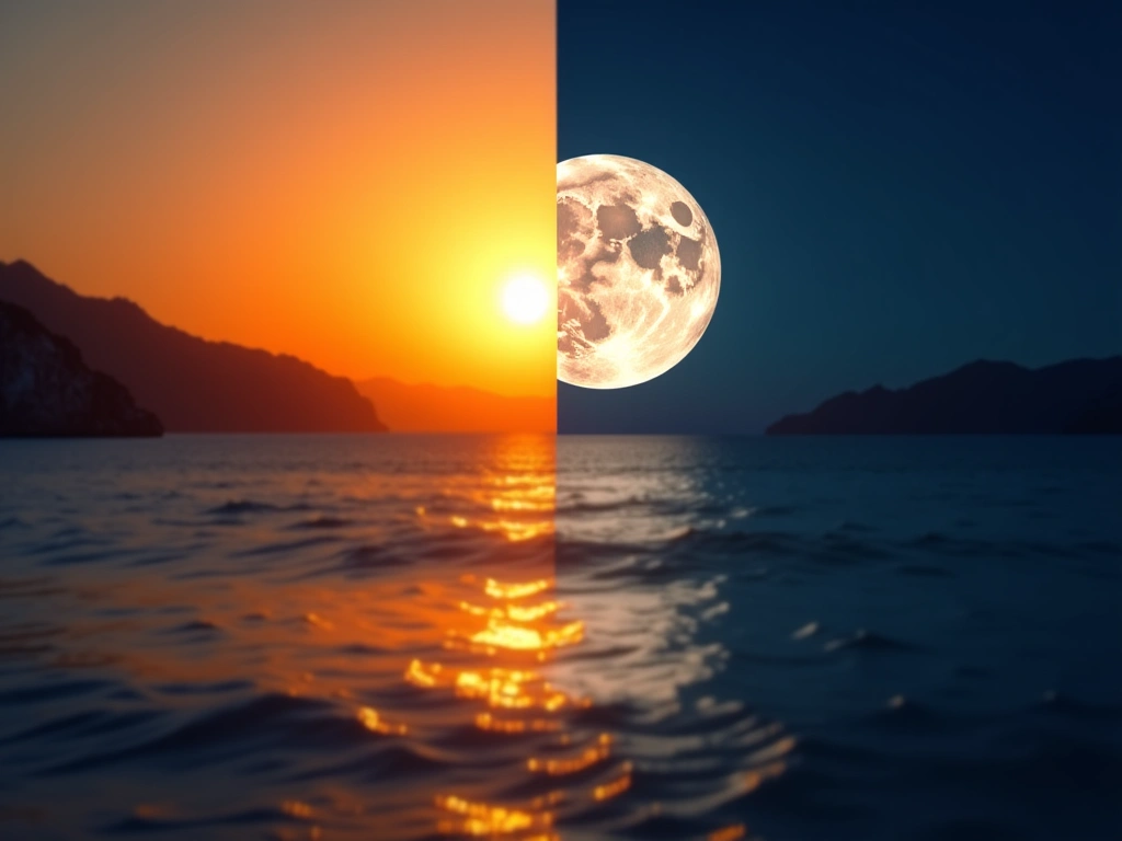 Photorealistic image of a split scene: one side depicting a radiant sun rising over a vibrant landscape, the other showcas...