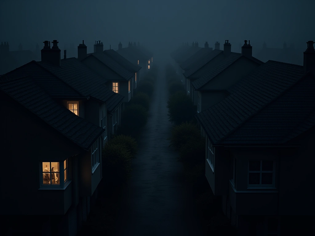 Photorealistic image of a close-knit neighborhood seen from a high angle, depicting houses with lit windows at night. Focu...