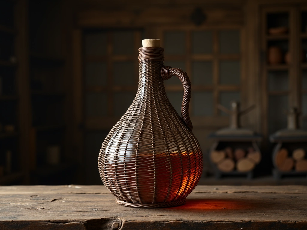 Photorealistic image of a large, antique glass demijohn bottle encased in woven wicker, sitting on a weathered wooden tabl...