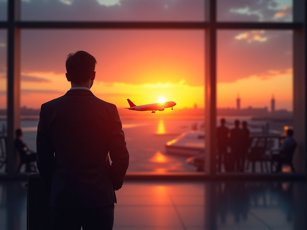 Photorealistic image of an airport departure terminal, seen from behind a person looking out towards a distant airplane ta...