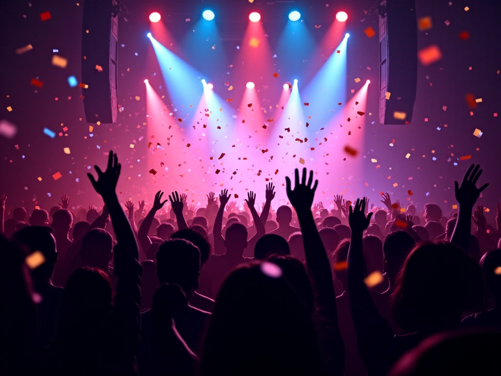 Photorealistic image of a crowded dance floor at night, bathed in colorful stage lights. Confetti rains down as people dan...