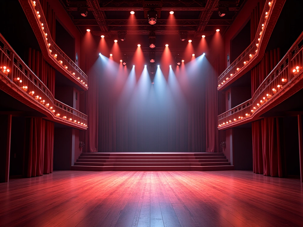 Photorealistic image of the interior of the Melrose Ballroom. Focus on the architectural details, including the mezzanine,...