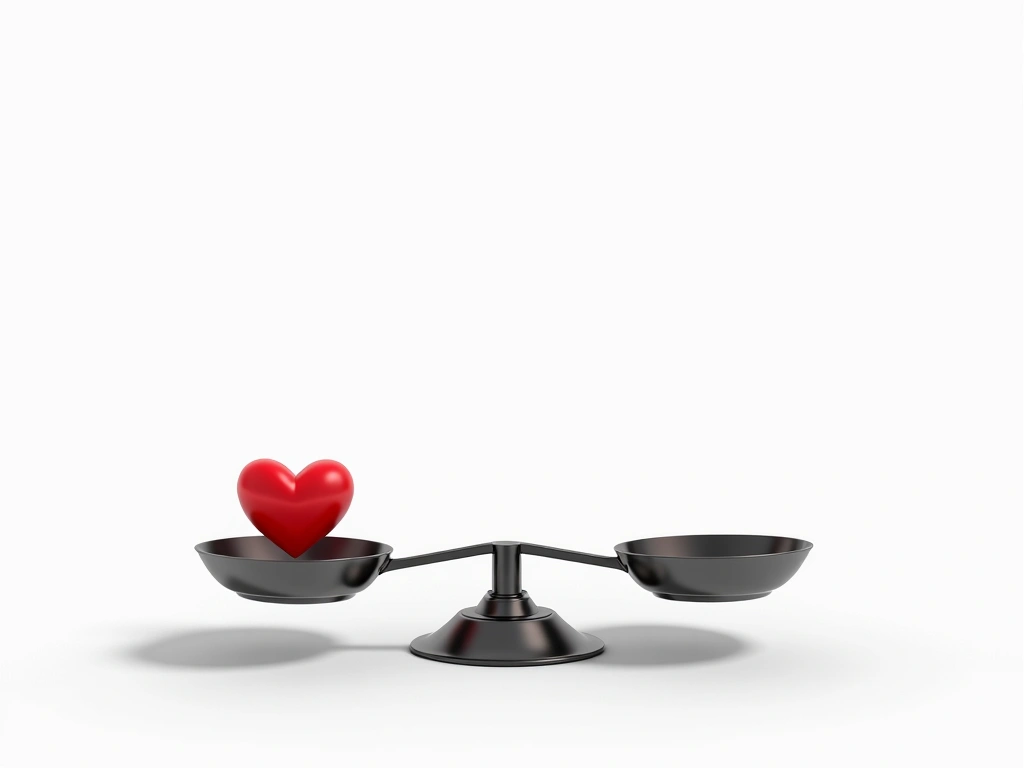 A set of scales, heavily tilted to one side, with a single, bright red heart placed on the overloaded side. The other side...