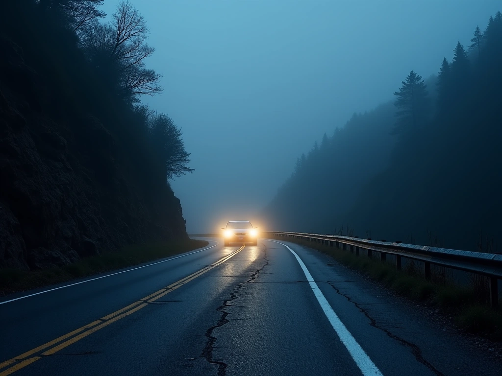 A winding mountain road at night, viewed from the perspective of a car's headlights. The road is cracked and uneven, leadi...